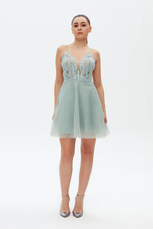 MONARCH V NECK STRAPS MINI DRESS