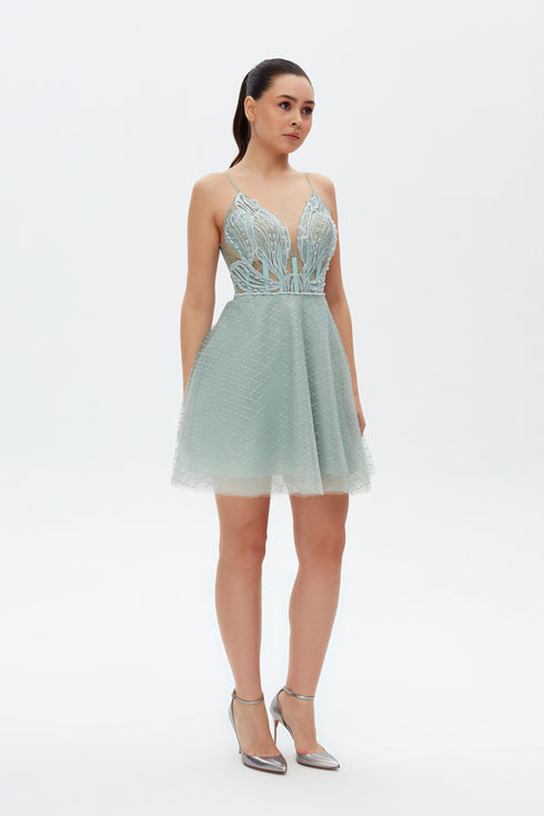 MONARCH V NECK STRAPS MINI DRESS