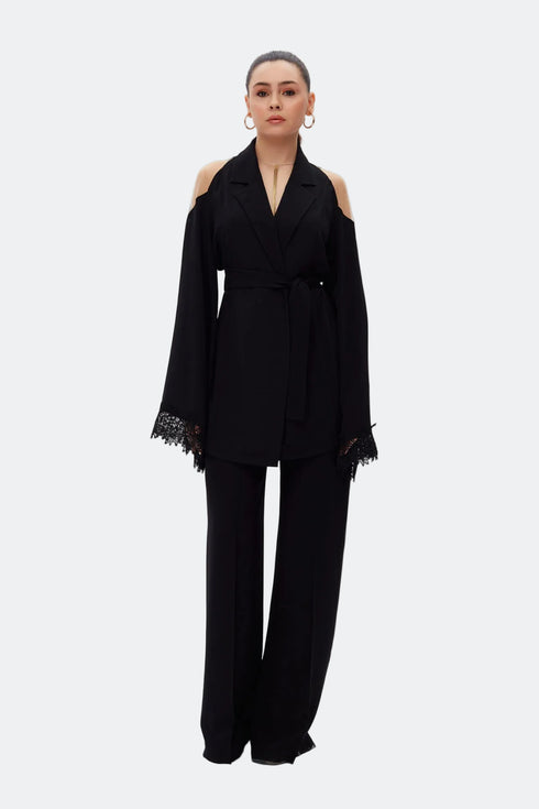 Lace Detailed Black Kimono