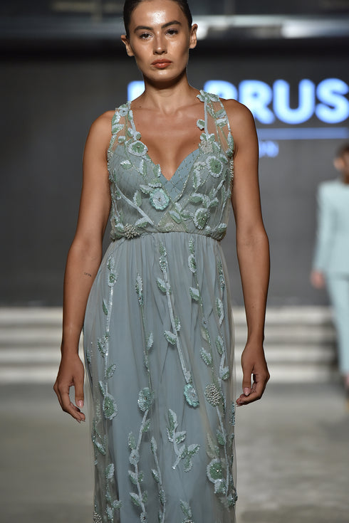 Soft Green V Neck Embroidered Dress