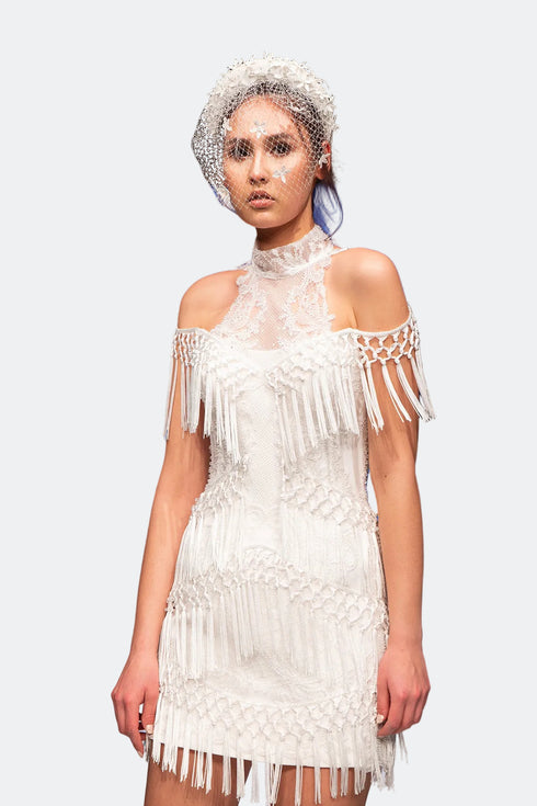 Halter Sleeve Fringed Mini After Dress