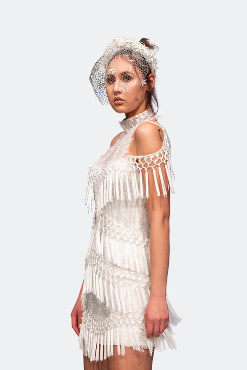 Halter Sleeve Fringed Mini After Dress
