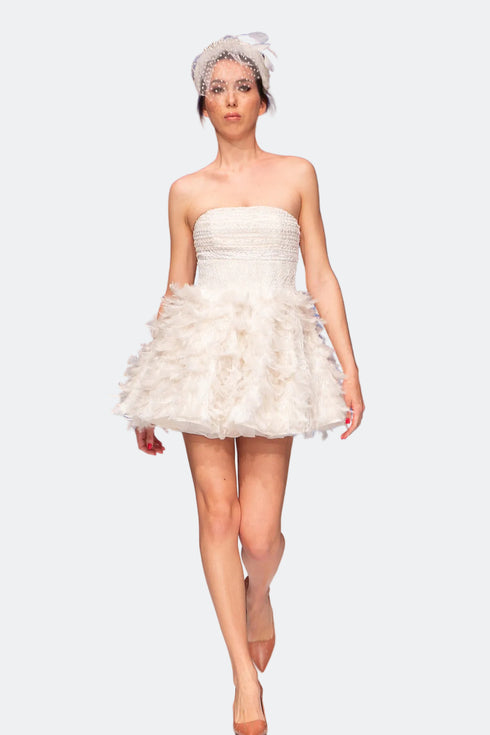 Strapless Inlaid Feathered Mini After Dress