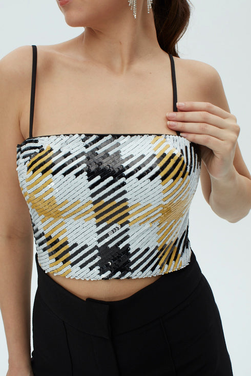 GEOMETRIC PATTERNED SPAGHETTI STRAP CROP TOP