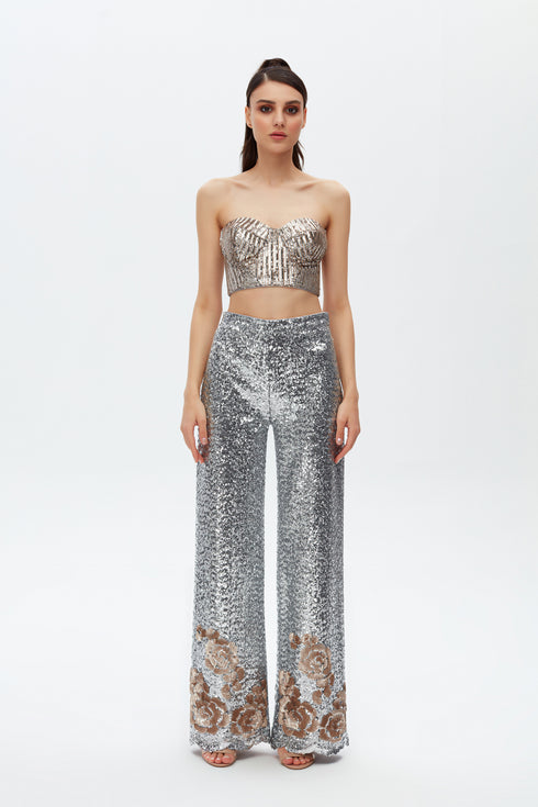 SILVER-CAMEL SEQUIN BRA FORM CROP TOP
