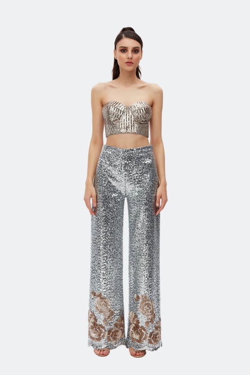 Silver-Camel Sequin Bra Form Crop Top