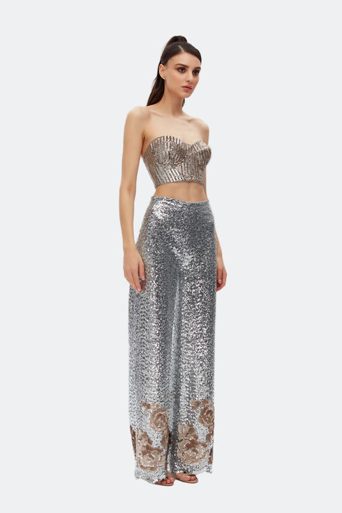 Silver-Camel Sequin Bra Form Crop Top