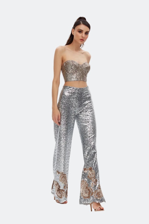 Silver-Camel Sequin Bra Form Crop Top