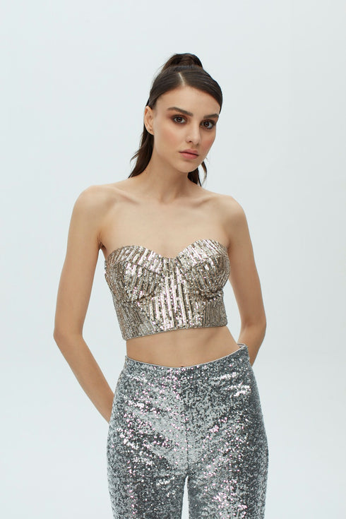 SILVER-CAMEL SEQUIN BRA FORM CROP TOP