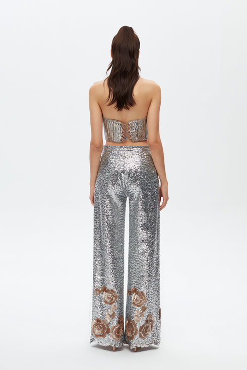 SILVER-CAMEL SEQUIN BRA FORM CROP TOP