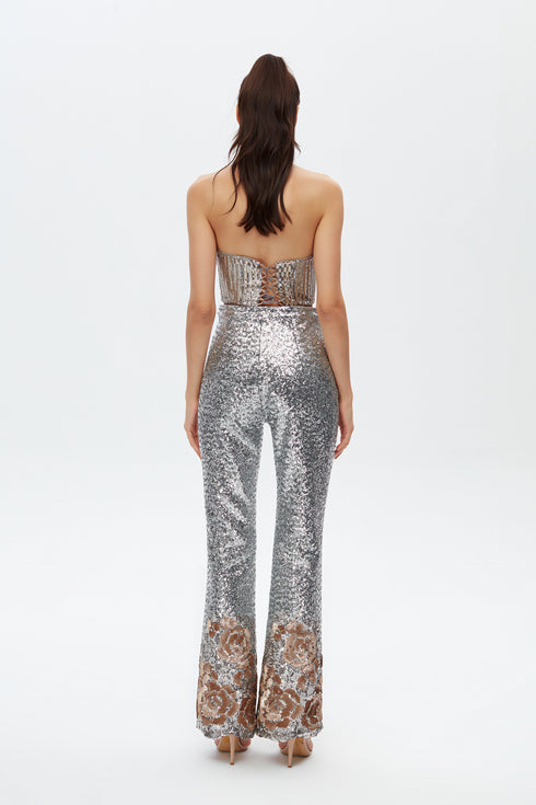 SILVER SEQUIN HIGH WAIST FLARED TROUSERS