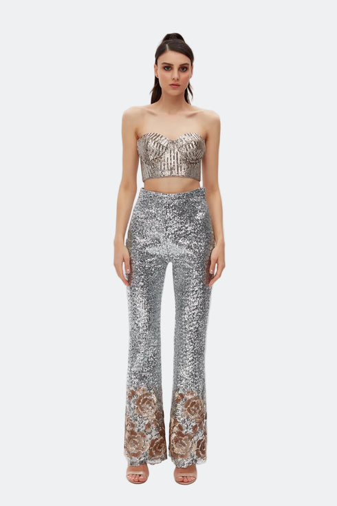 Silver Sequin High Waist Flared Trousers