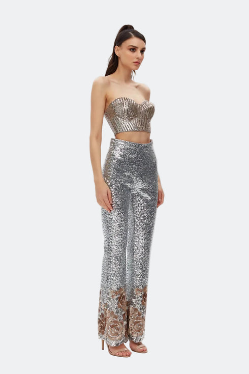 Silver Sequin High Waist Flared Trousers