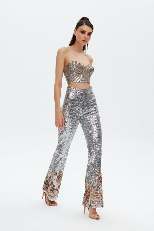 SILVER SEQUIN HIGH WAIST FLARED TROUSERS