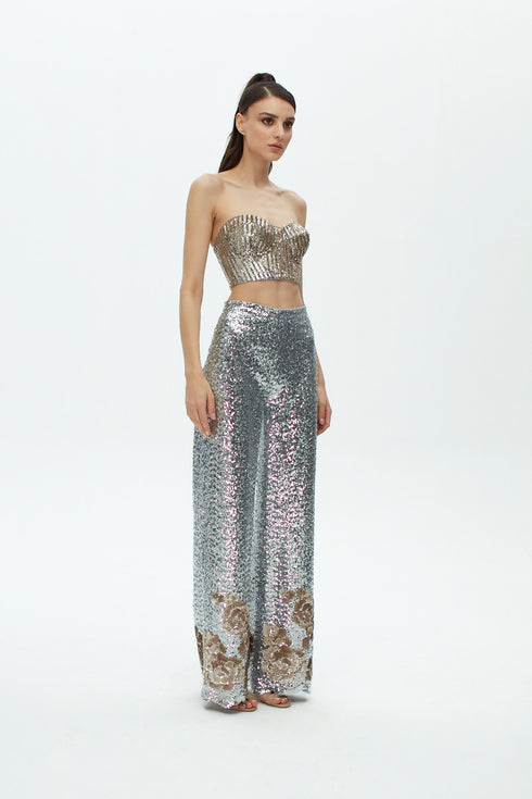 SILVER SEQUIN HIGH WAIST WIDE LEG TROUSERS