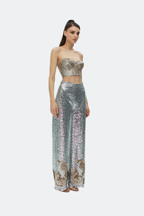 Silver Sequin High Waist Wide Leg Trousers