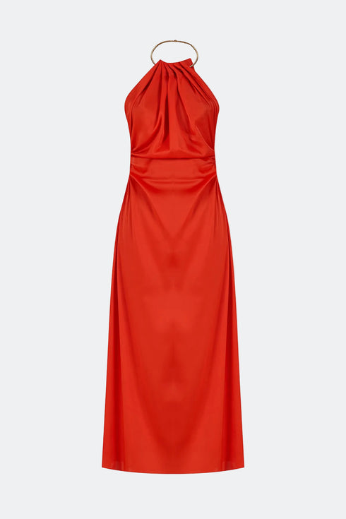 Safety Orange Chain Detailed Satin Dress