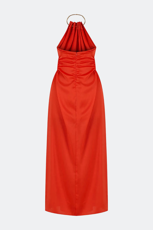 Safety Orange Chain Detailed Satin Dress