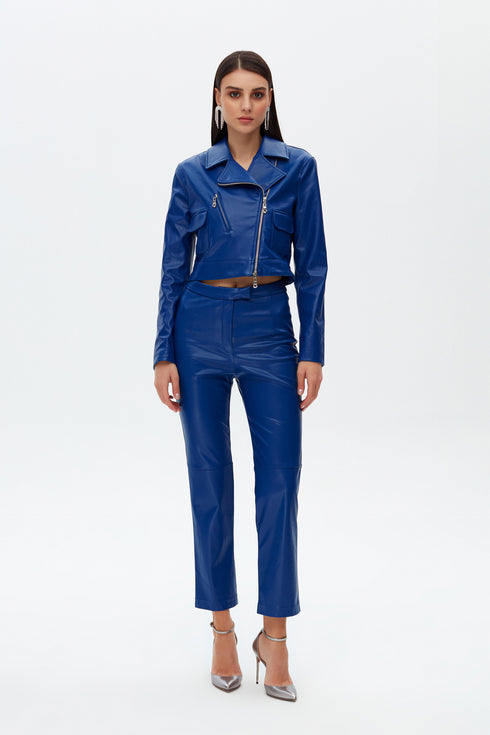 Egyptıan blue zipper detailed crop jacket