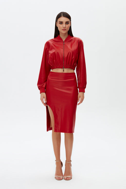 Firebrick vegan leather bomber crop jacket