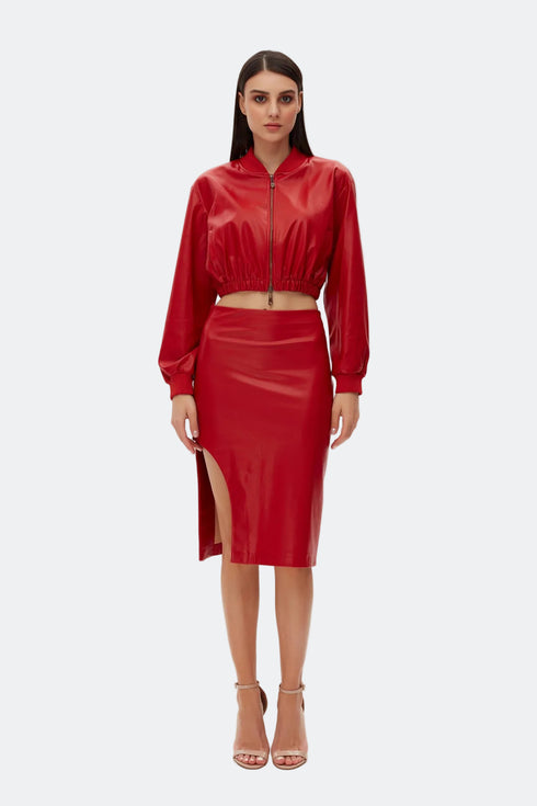 Firebrick vegan leather bomber crop jacket