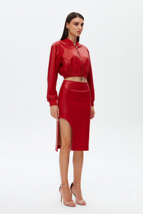 Firebrick vegan leather bomber crop jacket