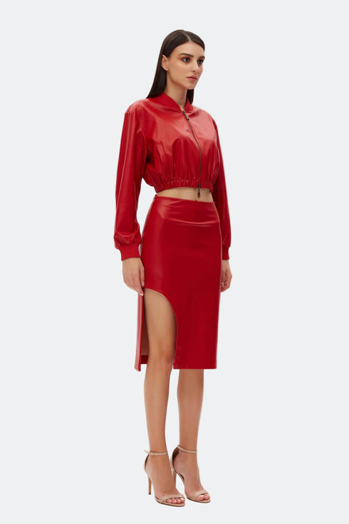 Firebrick vegan leather bomber crop jacket