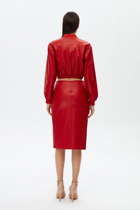 Firebrick vegan leather bomber crop jacket