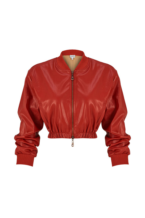 Firebrick vegan leather bomber crop jacket