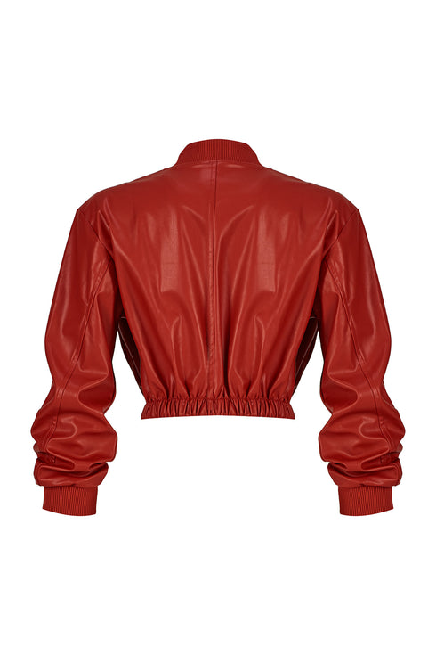 Firebrick vegan leather bomber crop jacket