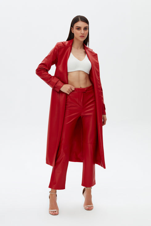 Firebrick vegan leather long jacket