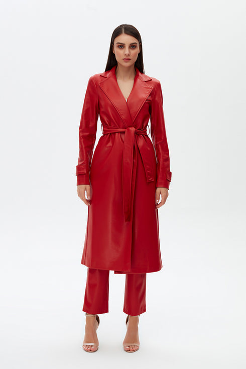 Firebrick vegan leather long jacket