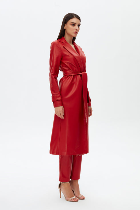 Firebrick vegan leather long jacket