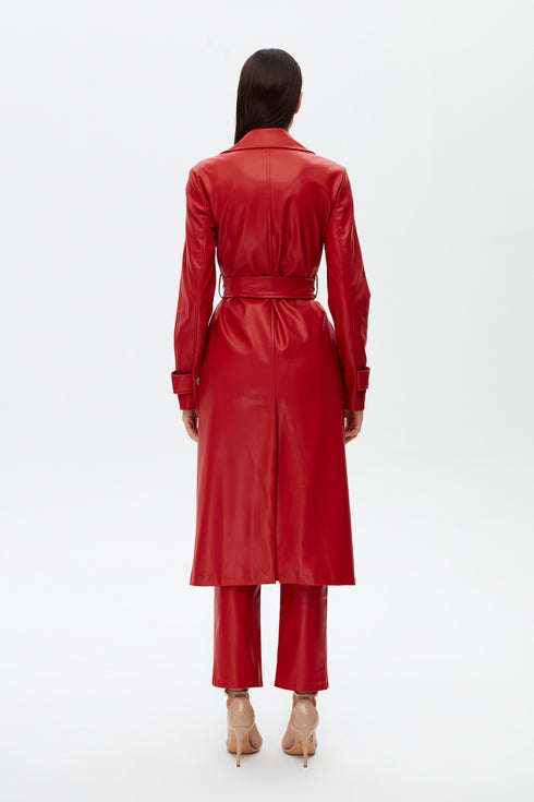 Firebrick vegan leather long jacket