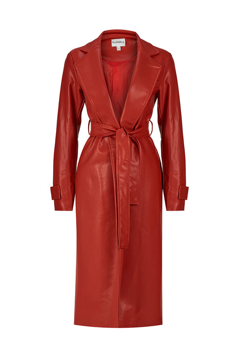 Firebrick vegan leather long jacket