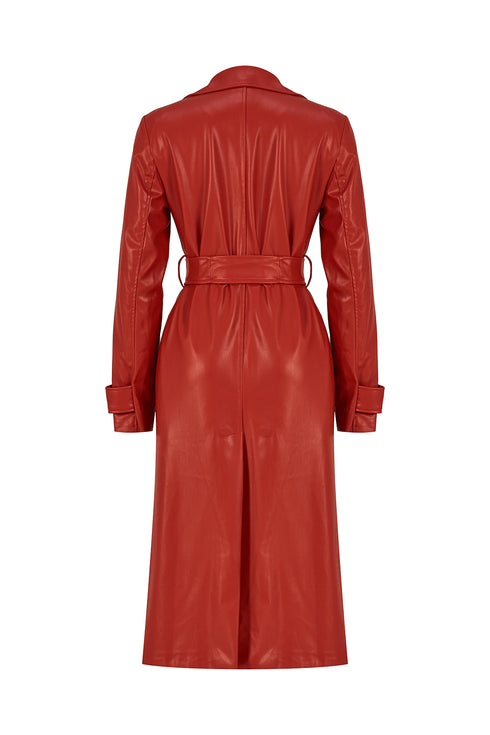 Firebrick vegan leather long jacket