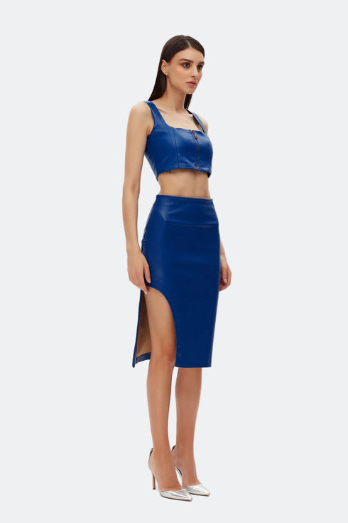 Egyptian blue slit detailed vegan leather skirt