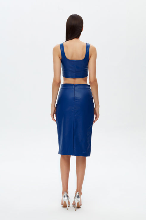 Egyptian blue slit detailed vegan leather skirt