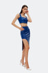 Egyptian blue slit detailed vegan leather skirt