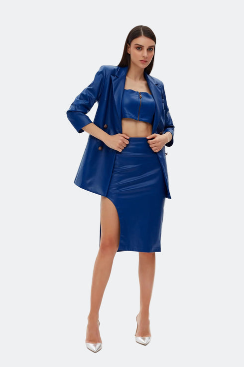 Egyptian blue slit detailed vegan leather skirt