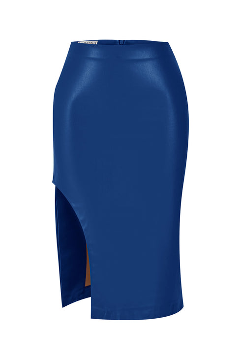 Egyptian blue slit detailed vegan leather skirt