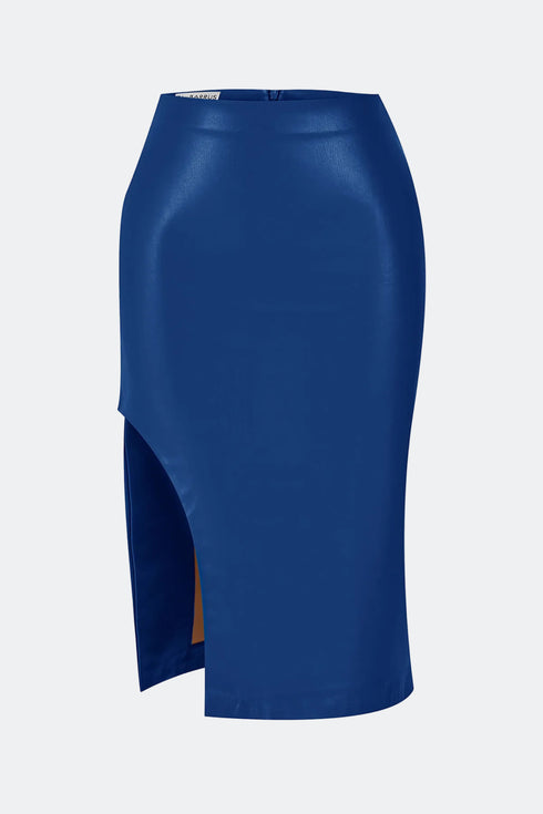 Egyptian blue slit detailed vegan leather skirt