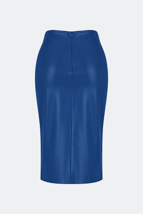 Egyptian blue slit detailed vegan leather skirt