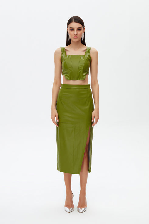 India green deep slit midi skirt