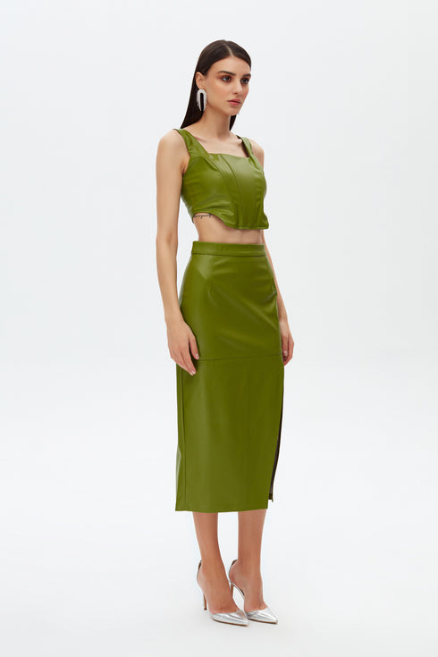 India green deep slit midi skirt