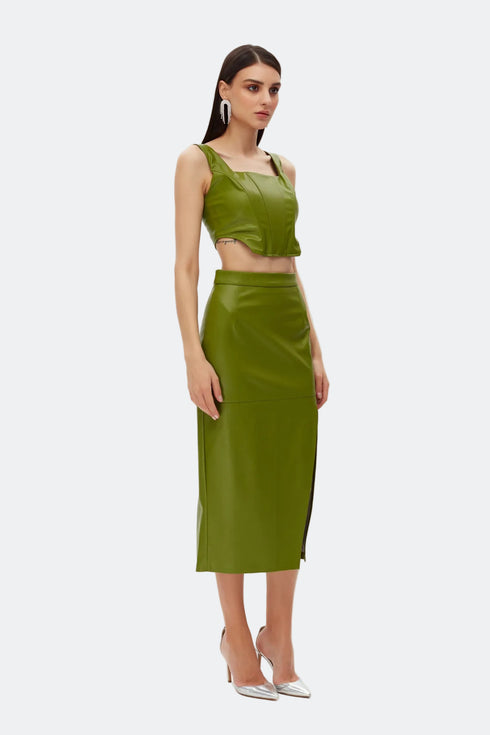 India green deep slit midi skirt