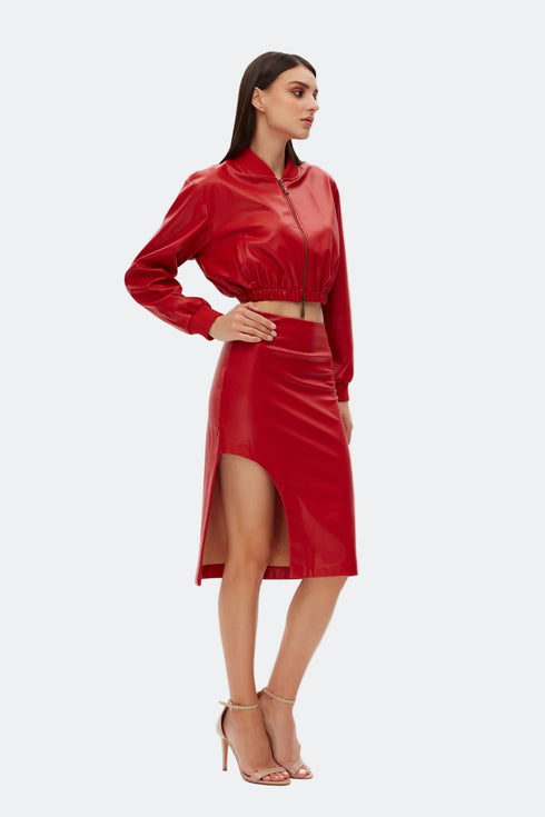 Firebrick slit detailed vegan leather skirt