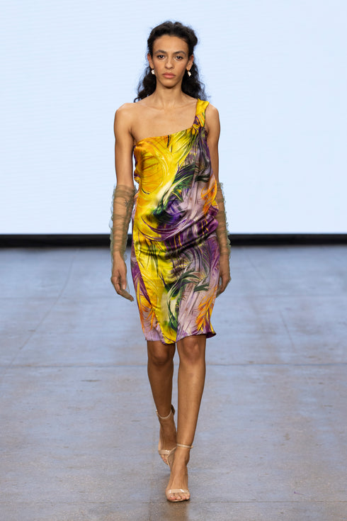 SINGLE SHOULDER SILK MINI DRESS