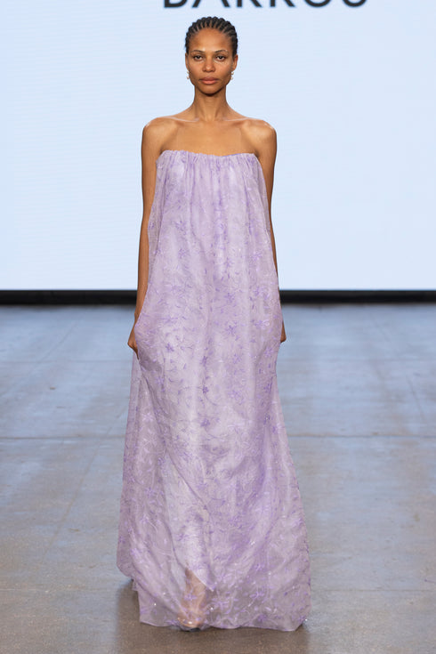 STRAPLESS, EMBROIDERED DRESS OVER SILK ORGANZA