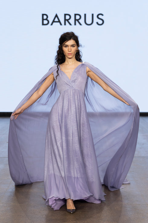 CHIFFON DRESS WITH CAPE DETAIL AND V-NECK